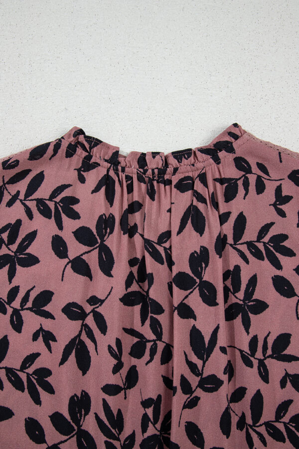 Brown Leaf Print Lace-up V Neck Crinckled Tank Top