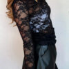 Black Sheer Floral Lace Lettuce Trim Mock Neck Long Sleeve Top
