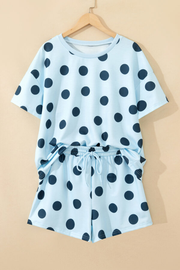 Black Polka Dot Print Loose Tee Drawstring Elastic Waist Short Set