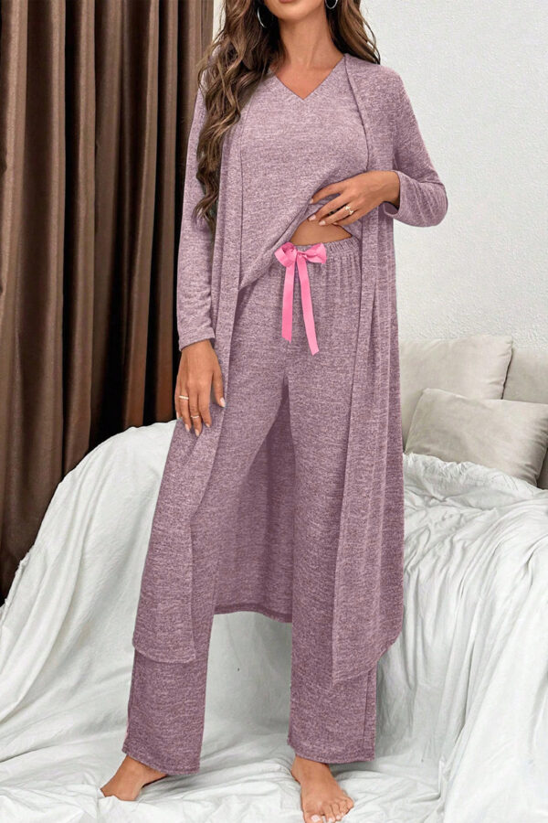 101729748-937fabbb280a191e.jpg Delicacy 3pcs V Neck T Shirt Ribbon Knot Pants Open Duster 3pcs Lounge Set