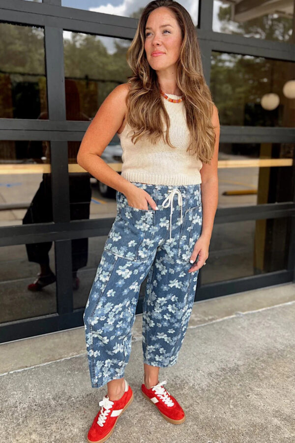 Sky Blue Dainty Floral Printed Drawstring Barrel Jeans