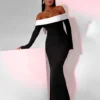 Shoulder Contrast Color Knitted Maxi Dress