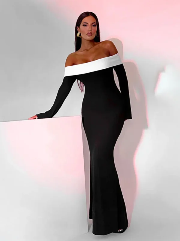 Shoulder Contrast Color Knitted Maxi Dress