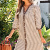Pink Stripe Square Button Leopard Trim Loose Bracelet Sleeve Shirt Dress