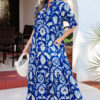 Blue Wild Floral Print Frilled Collar Half Sleeve Long Dress