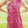 Pink Leopard Denim Buttoned Shift Sleeveless Dress