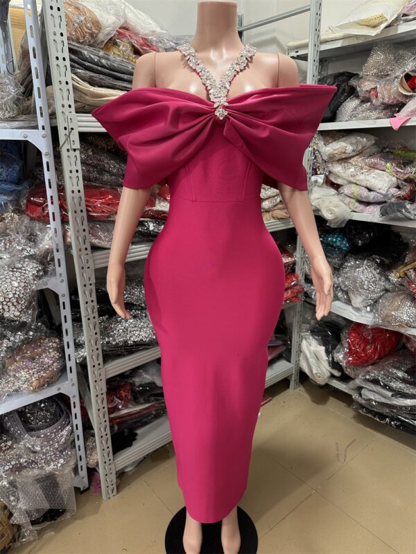 Luxury One-Shoulder Halter Neck Rhinestone Bowknot Fitted Bandage Dress