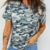 Pink Camouflage Print Crew Neck T Shirt