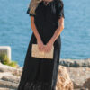 Black Floral Lace Overlay Tassel Tie Short Sleeve Beach Vacation Loose Maxi Dress