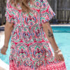 Pink Bohemian Print Tie Neck Ruffle Hem Short Dress