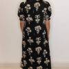 Black Floral Print Frilled Collar Short Puff Sleeve Maxi Dress