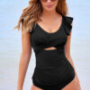 Black Solid Color Ruffle Detail Crossed Cutout Slim Tankini 2pcs Swimsuit