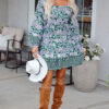 Green Floral Print Piping Trim Bubble Sleeve Square Neck Dress