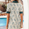 Red Geometric Floral Print Lace Trim Collared Short Sleeve Mini Dress