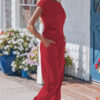 Racing Red Solid Color Cropped Tank Top and Jogger Pants Set