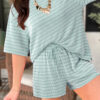 Rose Stripe Raised Rib Loose Tee Drawstring Elastic Waist 2pcs Short Set