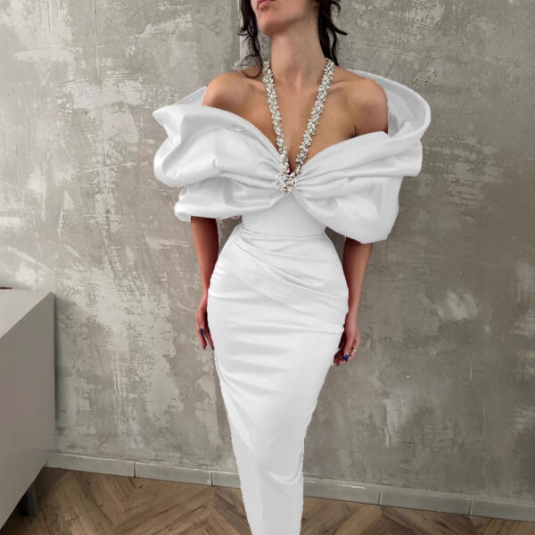 Luxury One-Shoulder Halter Neck Rhinestone Bowknot Fitted Bandage Dress