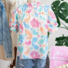 Multicolour Vibrant Paisley Printed Button Keyhole Puff Sleeve Blouse