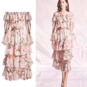 Pink Lily Flower Printed Layered Midi Dress