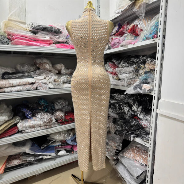 Shiny Diamond Micro-Sexy Halter Sleeveless Casual Beaded Fitted Long Bodycon Party Dress