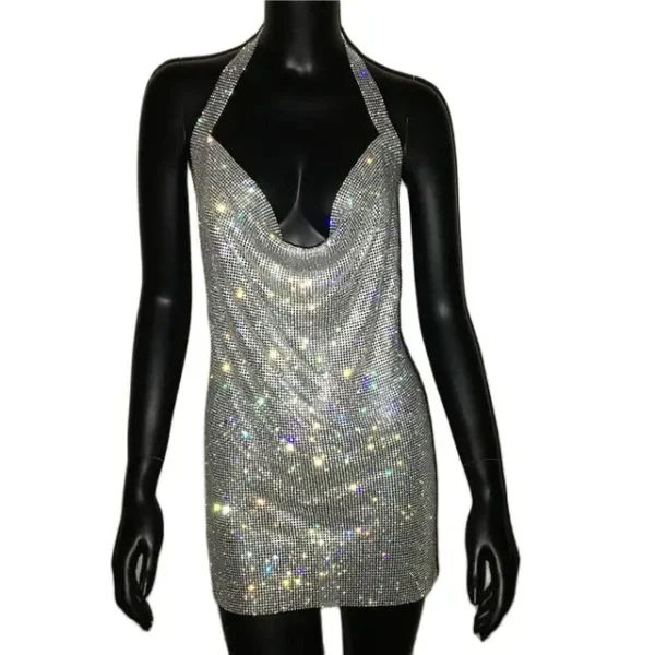 571136039 Shiny Rhinestone Halter Neck Side Split Sleeveless Dress