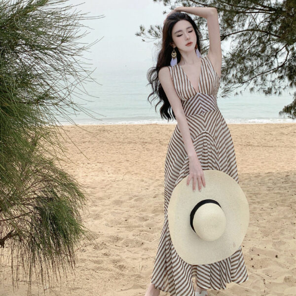 Striped High Waist Party Evening Dress