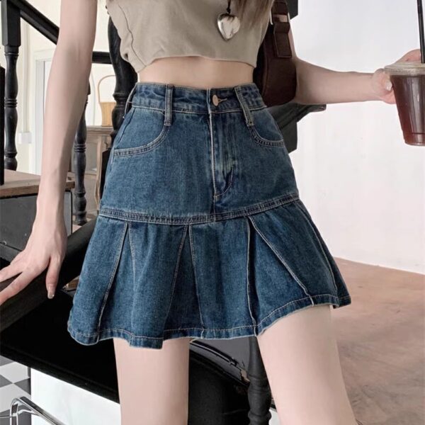 Vintage High-Waisted Denim Pleated Skirt for Women