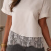 White Asymmetric Lace Hem Patchwork Tee