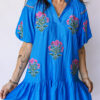 Blue Flower Embroidered Split Neck Short Puff Sleeve Ruffle Hem Dress
