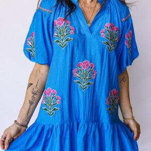 Blue Flower Embroidered Split Neck Short Puff Sleeve Ruffle Hem Dress