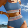 Dusk Blue Colorful Stitch Border Detail 2pcs High Waist Bikini Swimsuit
