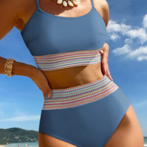 Dusk Blue Colorful Stitch Border Detail 2pcs High Waist Bikini Swimsuit