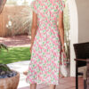 Pink Floral Print Contrast Trim V Neck Short Sleeve Elegant Midi Dress