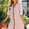 Pink Stripe Square Button Leopard Trim Loose Bracelet Sleeve Shirt Dress