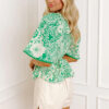 Green Flirty Floral Smocked V Neck Blouse