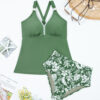 Four Leaf Clover O-ring Knot Back Straps Ricrac Trim V Neck Tankini Contrast Printed Swim Short 2pcs Set