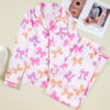 Pink Striped Bow Print Contrast Piping Trim Shirt and Pants 2pcs Pajama Set