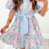 White Floral Print Striped Contrast Trim Belted Short Dress