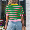 Sky Blue Stripe Colorblock Trim Half Sleeve Sweater Top