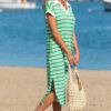 Green Stripe Collared V Neck Short Sleeve T Shirt Midi Dress with Pockets