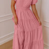 Clearly Aqua Solid Color V Neck Short Puff Sleeve High Waist Tiered Maxi Dress