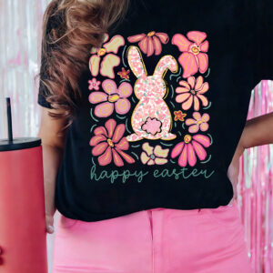 Black Happy Easter Bunny Flower Printed Casual Tee
