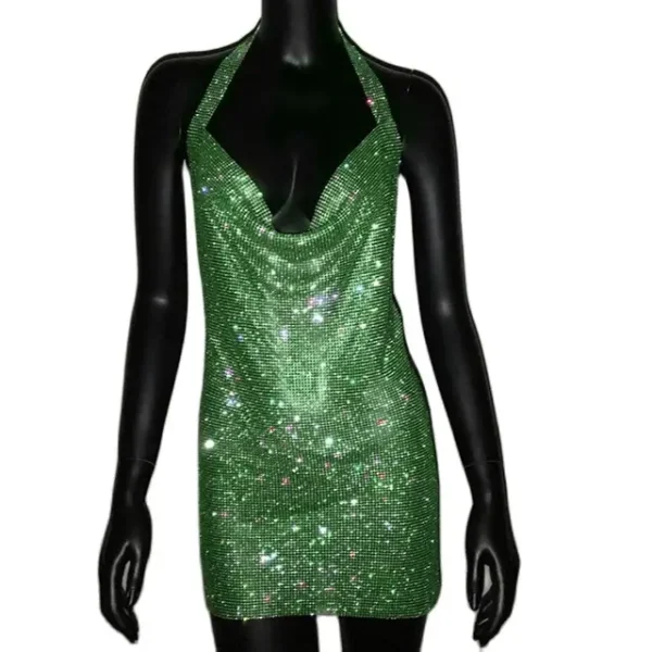 571136042 Shiny Rhinestone Halter Neck Side Split Sleeveless Dress
