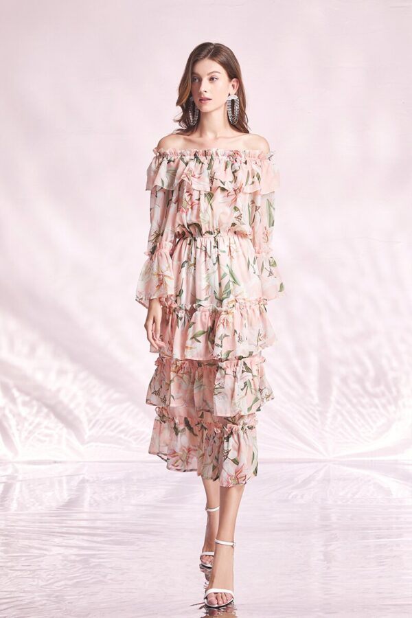 Pink Lily Flower Printed Layered Midi Dress