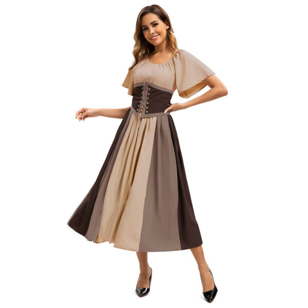 Style Medieval Retro Color-block Spliced Tie-waist Flared Dress