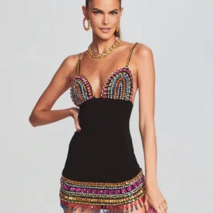 Sexy Strap V Neck Colorful Crystal Bandage Dress