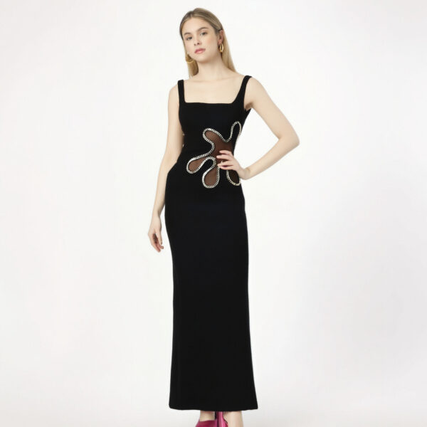 Black mesh diamond long sleeveless square neck high-end dress