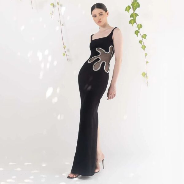Black mesh diamond long sleeveless square neck high-end dress
