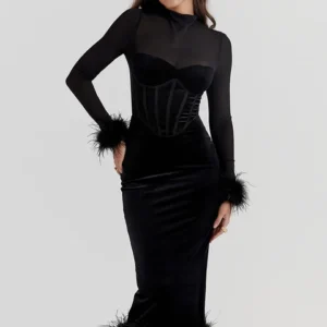 Long Sleeve Party Club Evening Streetwear Black Midi Dress