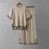 O-neck Short Sleeve Loose Sweater Casual Tops High Waist Pant 2 Piece Set